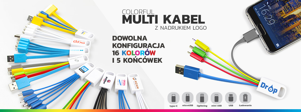Wielofunkcyjny reklamowy kabel z logo dostępny w dowolnej konfiguracji końcówek: USB, Micro USB, Type-C, Lightning (iPhone), Mini USB